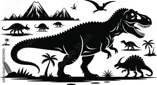 Dinosaur silhouettes in prehistoric landscape with volcanoes
