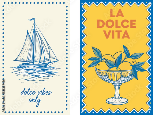 Vintage travel posters with sailboat and fruit illustrations