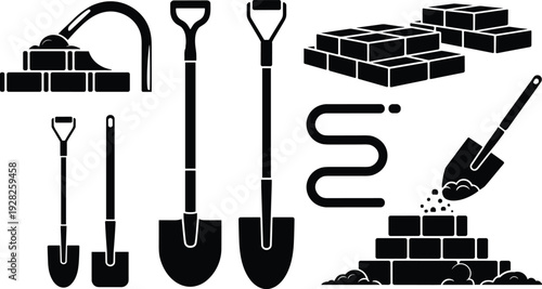 Construction tools silhouettes, gardening equipment icons, shovels hoe hose, brick stacks, masonry wall building, vector design, black tool illustration set
