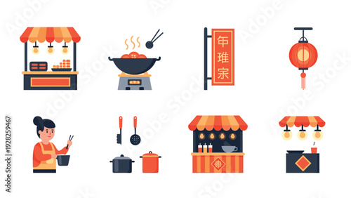 set of hand drawn asian street food market elements including food stalls cooking utensils lantern and chef