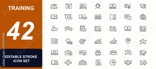 Training web icons in line style. Online learning, webinar, e learning, course, seminar, exam, education, laptop, video, distance training set. Editable stroke. Vector illustration.