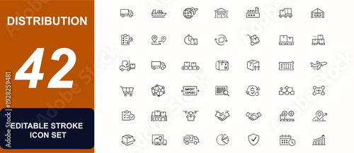 Distribution web icons in line style. Logistics management, cargo transport, delivery truck, supply chain, shipping commerce, warehouse set. Editable stroke. Vector illustration.