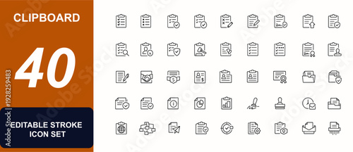 Clipboard web icons in line style. Business forms, approval documents, checklist boards, survey sheets, legal reports, office paperwork set. Editable stroke. Vector illustration.