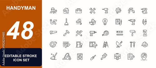 Handyman web icons in line style. Repair services, home maintenance, plumbing tools, electrical work, installation, cleaning service, handyman set. Editable stroke. Vector illustration.