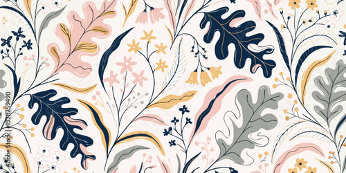 Delicate botanical illustration pattern with stylized leaves and flowers in soft pink, mustard yellow, navy, and grey.