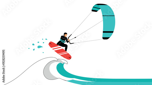 kitesurfer jumping over wave with kite in hand drawn flat style illustration