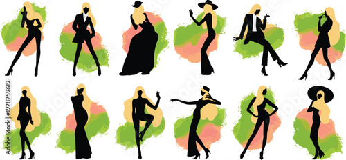 Fashion women silhouette collection illustration, elegant female poses in stylish outfits, modern abstract watercolor background, trendy vector design set