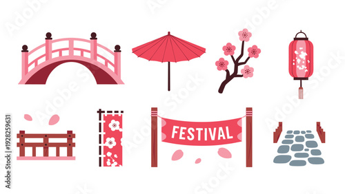 set of hand drawn Japanese festival elements with bridge umbrella flower lantern and banner
