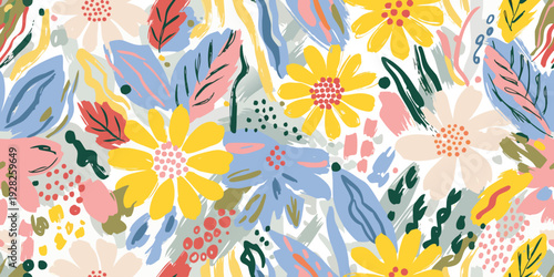 Abstract expressionist floral pattern with vibrant, textured brush strokes in yellow, pink, blue, and green on white.