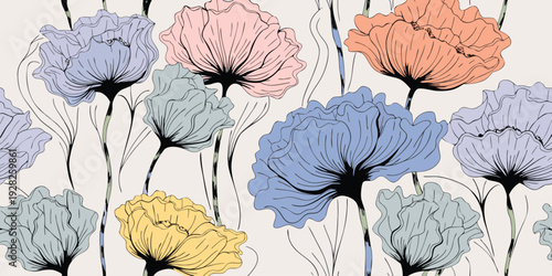 Delicate floral pattern with hand-drawn poppies in soft pastel colors, creating a vintage and romantic aesthetic for backgrounds.