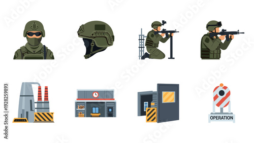 set of military soldier and helmet illustrations with industrial and operation building elements in flat style