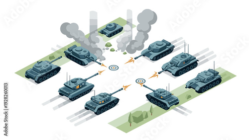 isometric military tank battle with hand drawn style eight tanks firing at targets on a strategic battlefield