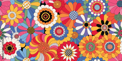 Vibrant and colorful 1960s style floral explosion with geometric patterns, bringing a cheerful and retro mood to designs.