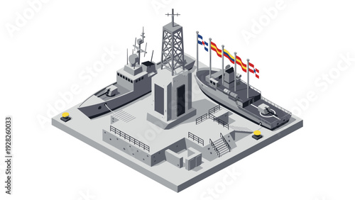 isometric naval base with warships military pier and communication tower vector illustration