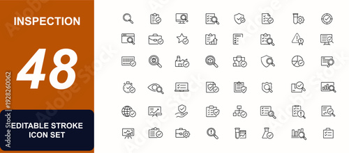 Inspection web icons in line style. Quality audit, testing process, compliance check, product review, control report, verification, inspection set. Editable stroke. Vector illustration.