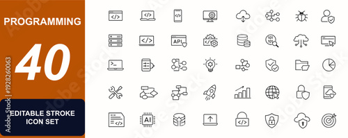 Programming and coding web icons in line style. Software development, IT tools, app interface, data archive, algorithm, computer icons, web set. Editable stroke. Vector illustration.