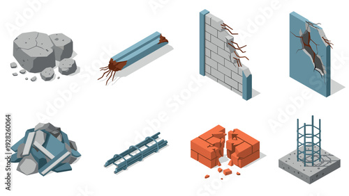 isometric broken construction materials set showing cracked concrete pieces bent steel bars destroyed brick blocks and damaged walls