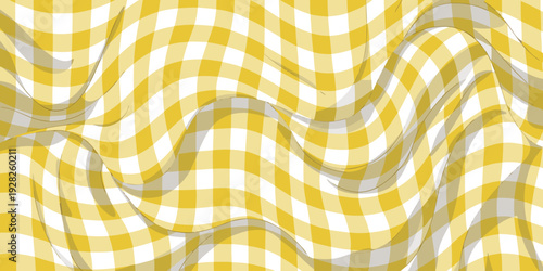 Wavy and distorted yellow and white gingham picnic blanket pattern creating a fluid, warped visual effect for abstract backgrounds.