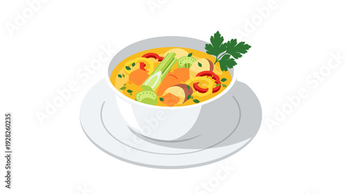 bowl of vegetable soup with celery carrots potatoes and herbs flat vector illustration