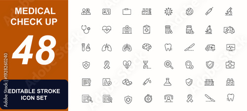 Medical Сheck up web icons in line style. Doctor consultation, lab testing, medical card, prescription RX, virus screening set. Editable stroke. Vector illustration.