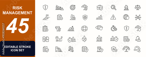 Risk Management web icon set in line style. Investment risk, loss prevention, cost control, strategy planning, business analysis, safety assessment set. Editable stroke. Vector illustration.