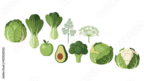 collection of green vegetables and fruits hand drawn vector illustration for healthy food design