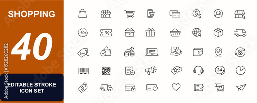 Shopping web icons in line style. Ecommerce, discount offers, delivery, online store, coupon code, bank card payment, gift box, retail set. Editable stroke. Vector illustration.