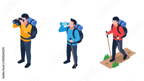 set of three isometric male hikers with backpacks using binoculars drinking water and walking with trekking poles hand drawn illustration for outdoor adventure