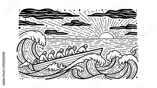 people rowing boat in rough sea with waves and sun horizon hand drawn line art illustration