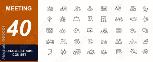 Meeting web icon set in line style. Office meeting, business conference, team discussion, seminar presentation, interview talk, brainstorming set. Editable stroke. Vector illustration.