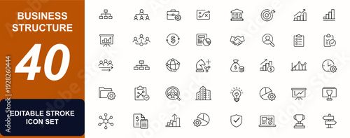 Business structure web icons in line style. Corporate hierarchy, company governance, finance planning, team workflow, chart, employee structure. Editable stroke. Vector illustration.
