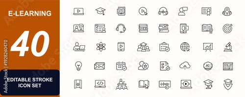 E-learning web icon set in line style. Online courses, digital education, video lessons, audio training, ebook learning, mentor support set. Editable stroke. Vector illustration.