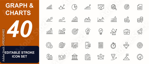 Graph and Charts web icons in line style. Business analytics, finance statistics, infographic charts, economy trends, growth decline arrows. Editable stroke. Vector illustration.