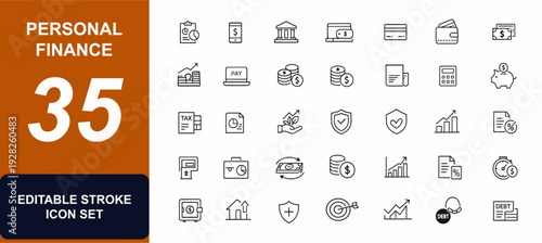 Personal Finance web icons in line style. Budget planning, online payment, banking tools, credit card, wallet, salary income, tax control, money management set. Editable stroke. Vector illustration.