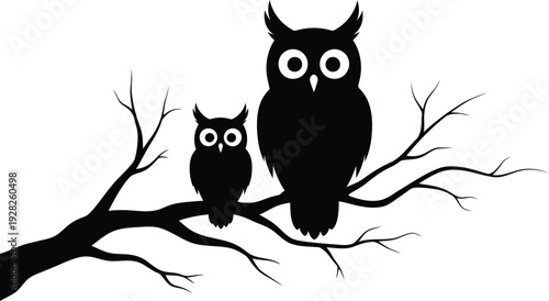 Silhouette of Two Owls Sitting on Tree Branch Isolated on White Background Vector Illustration