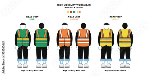 Road vest with reflective stripes. Set of safety vest : green, orange and yellow color. Mockup worker uniform. vector icon