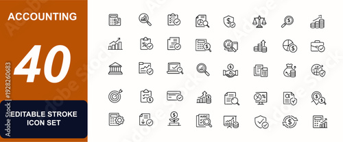 Accounting web icon in line style. Auditing, financial analytics, calculator, tax check, investment review, accounting audit, business assessment set. Editable stroke. Vector illustration.