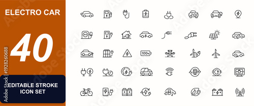 Electro Car web icons in line style. Charging infrastructure, electric vehicle, EV charger, battery power, eco transport, charging station set. Editable stroke. Vector illustration.