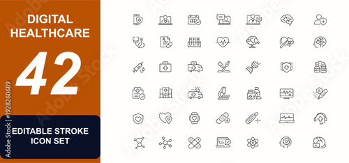 Digital Healthcare web icon set in line style. Telemedicine, medical app, doctor appointment, online consultation, patient results, healthcare set. Editable stroke. Vector illustration.
