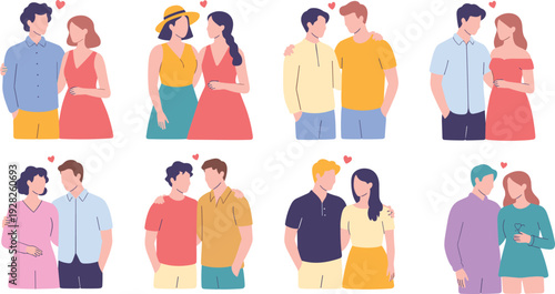 Couple icons, romantic love illustrations, diverse relationships, holding hands, heart symbol, affectionate pose, casual outfits, companionship vector, flat cartoon design