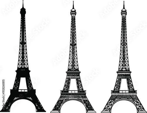 Eiffel Tower silhouettes set with famous Paris landmark icons in various detailed and minimalist styles vector illustration isolated on white