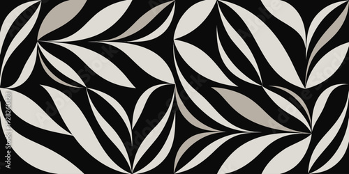 Elegant abstract pattern with flowing beige and black curved leaf-like shapes on a dark background, offering a sophisticated and minimalist aesthetic.