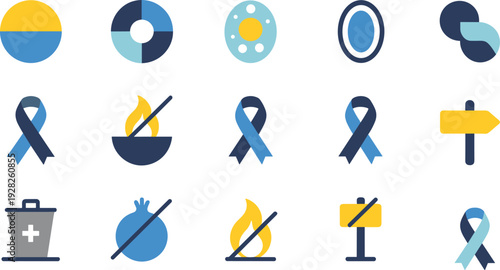 Flat style icons, awareness ribbons, medical waste bin, chopsticks bowl, directional sign, podium microphone, fruit symbol, flame symbol, abstract graphics