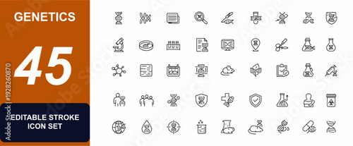 Genetics web icons in line style editable stroke. DNA helix, genome research, chromosome mapping, genetic testing, gene editing, biology set. Editable stroke. Vector illustration.