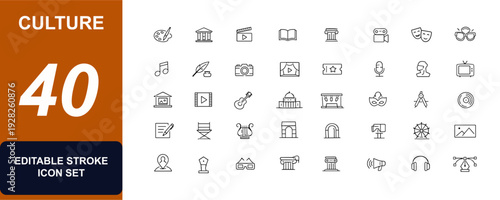Culture web icons in line style. Art, heritage, museums, cinema, architecture, literature, theater, music, design, camera, ticket, sculpture set. Editable stroke. Vector illustration.