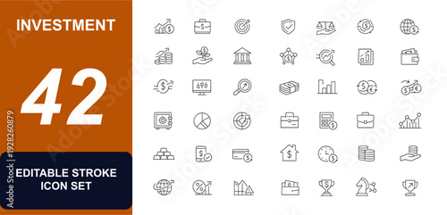 Investment web icons in line style. Finance, profit growth, risk control, business strategy, money flow, banking, market analysis, cash, set. Editable stroke. Vector illustration.