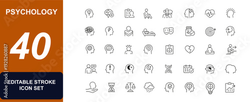 Psychology web icon set in line style. Mental health, psychologist, therapy, depression care, brain, doctor, anxiety help, counseling set. Editable stroke. Vector illustration.