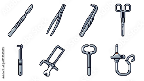 set of hand drawn pixel art medical surgical instruments icons collection