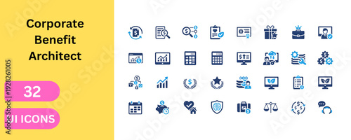 Human resources benefit architect and salary icons. Money exchange, medical record, star, briefcase, piggy bank, gear, monitor, career development