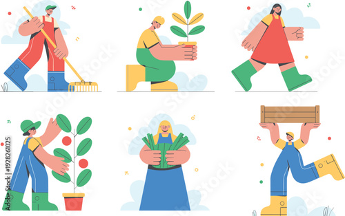 Gardening icons, plant care illustrations, watering potted plants, sweeping broom, crate carrying, nature responsibility, joyful activity, flat cartoon vector design